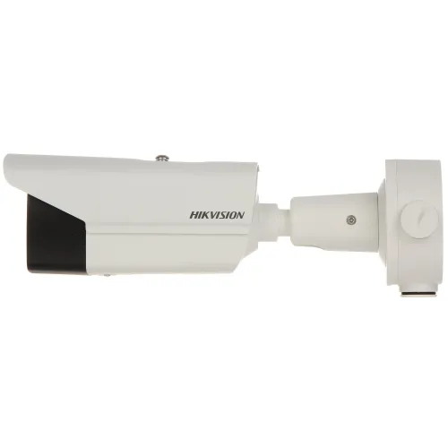 Side view of a white Hikvision security camera with a sleek, elongated design. The camera features an adjustable mounting bracket for versatile installation.