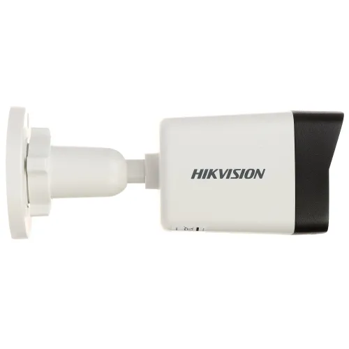 Side view of a Hikvision security camera with a sleek white and black design. The camera is mounted on an adjustable bracket for versatile positioning.