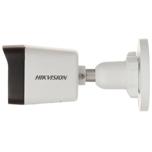 Side view of a Hikvision security camera with a sleek white and black design. The camera is mounted on a sturdy, adjustable bracket for easy installation.