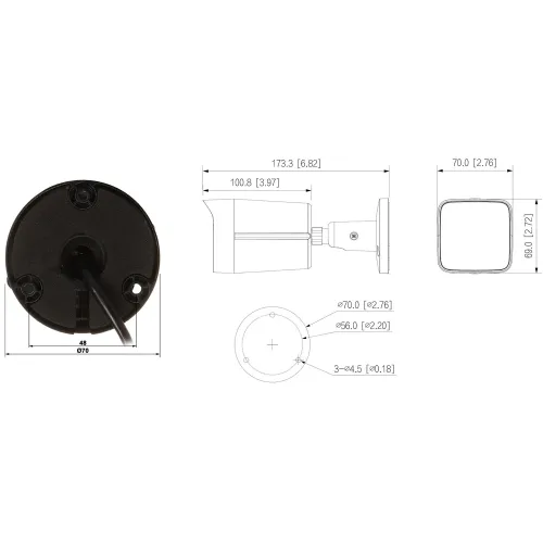 Side view of a compact security camera with a cylindrical body and a mounting base, featuring detailed measurements in millimeters and inches. The image includes a top-down view of the mounting base and a front view of the camera lens.