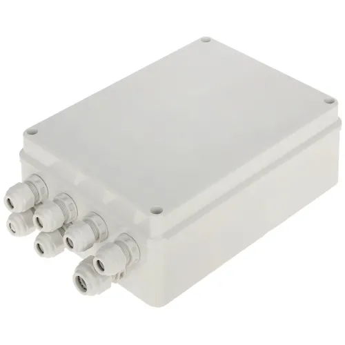A rectangular, gray electrical junction box with multiple cable glands on one side for secure wiring connections. The box is designed for outdoor use, providing protection against environmental elements.