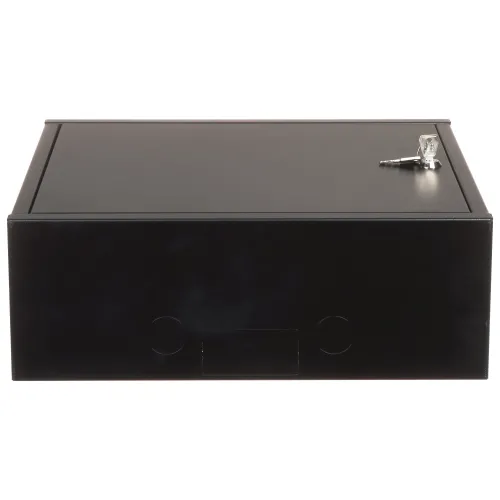 A black metal lockbox with a smooth finish is shown, featuring a secure lock mechanism and a key placed on top. The box has a minimalist design with two circular indents on the front panel.