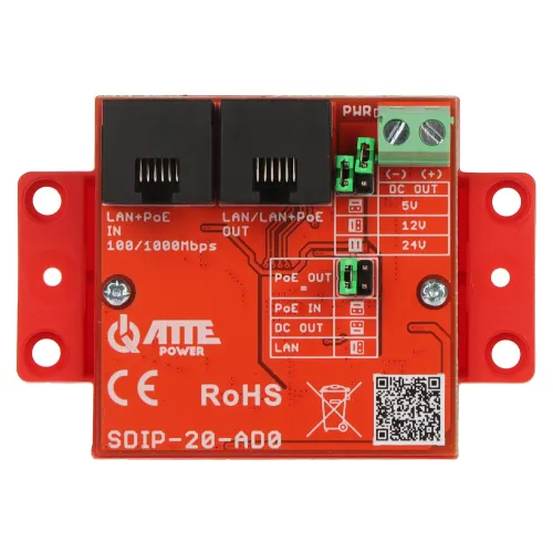 The image shows a red electronic module designed for power over Ethernet (PoE) applications, featuring two LAN ports and multiple DC output options. The module is labeled with technical specifications and compliance markings, including RoHS certification.