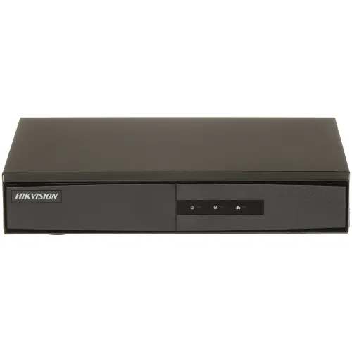A sleek black Hikvision digital video recorder with a minimalist design features a smooth front panel and discreet control buttons. The device is designed for efficient video surveillance management, offering reliable performance and easy integration into security systems.
