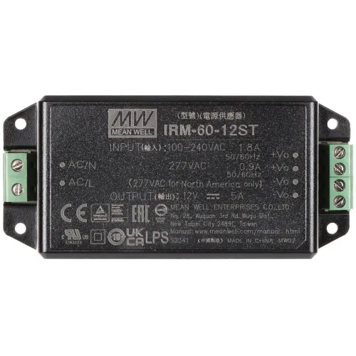 The image shows a Mean Well IRM-60-12ST power supply module with a black rectangular casing and green terminal connectors on both sides. It features input specifications of 100-240VAC and output specifications of 12V, 5A, suitable for various electronic applications.