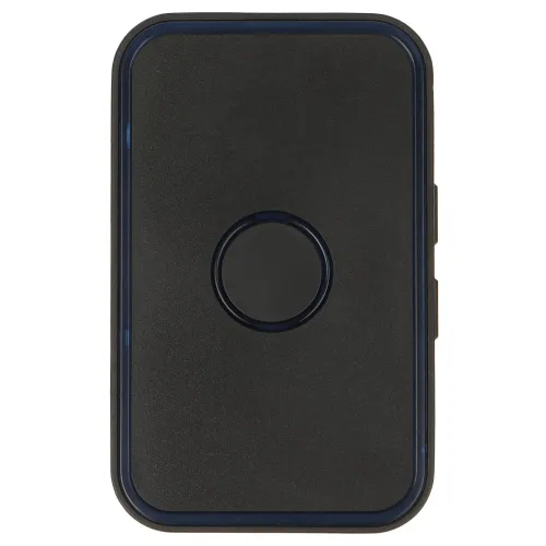 A sleek, rectangular black wireless doorbell with a central circular button. The minimalist design features a subtle blue accent around the edges.