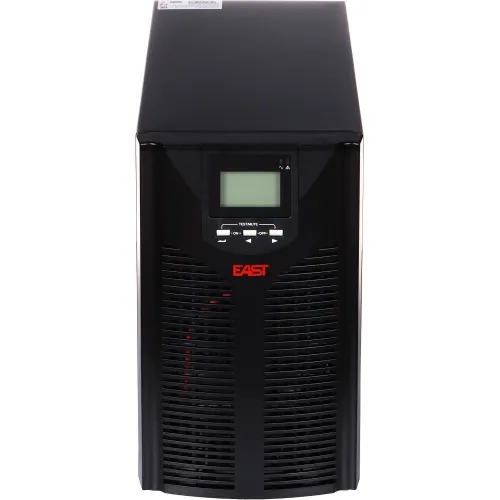 Front view of a black uninterruptible power supply (UPS) with a digital display and control buttons. The unit features a sleek design with ventilation grilles and the brand name "EAST" prominently displayed.