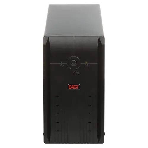 Front view of a black uninterruptible power supply (UPS) with indicator lights and a central power button. The device features a sleek, vertical design with the brand logo prominently displayed.
