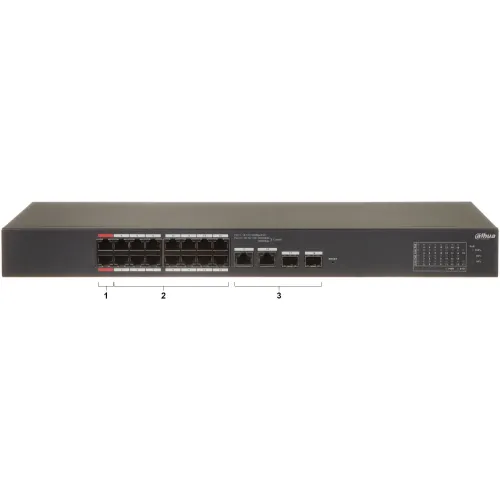 The image shows a Dahua network switch with multiple Ethernet ports and SFP slots on the front panel, designed for efficient data management and connectivity. The device features LED indicators for status monitoring and a sleek, black design suitable for professional networking environments.