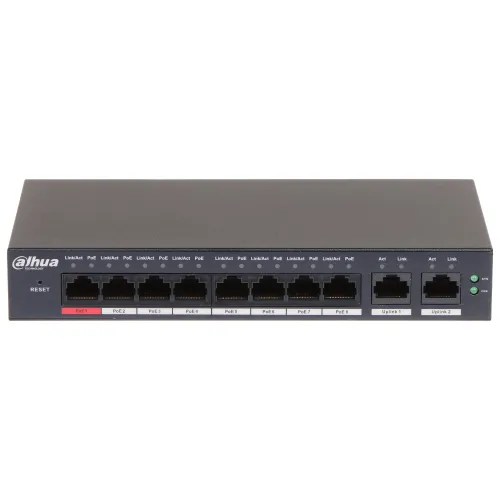 The image shows a Dahua Technology network switch with eight PoE ports and two uplink ports, designed for efficient data transfer and connectivity. The front panel features LED indicators for link and activity status, providing clear network monitoring.