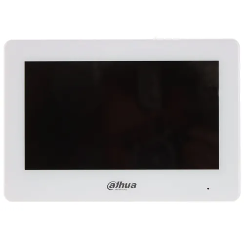 Front view of a sleek, white Dahua Technology monitor with a black screen. The minimalist design features the Dahua logo centered below the display.
