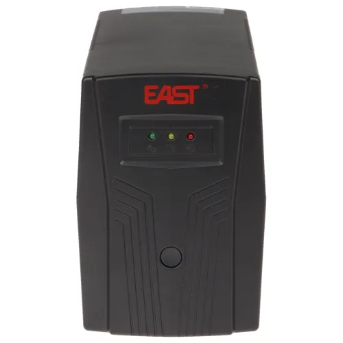Front view of a black uninterruptible power supply (UPS) with a red "EAST" logo and three indicator lights. The design features a textured surface with a single button below the lights.
