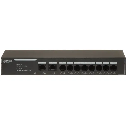 The image shows a Dahua network switch with eight Ethernet ports, designed for 10/100/1000 Mbps connectivity. The front panel features LED indicators for power and link/activity status, providing easy monitoring of network performance.