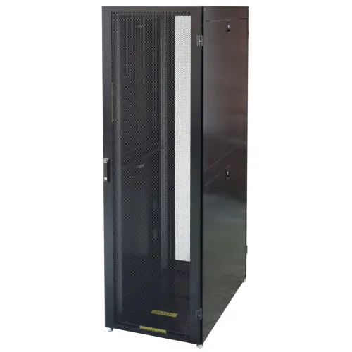 A tall, black server rack cabinet with a perforated front door for ventilation. The cabinet features a sleek design with a secure locking mechanism on the side.