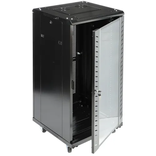 A black server rack cabinet with a transparent front door and ventilation slots, designed for efficient cooling and secure storage of IT equipment. The cabinet is mounted on wheels for easy mobility and features a lockable door for added security.