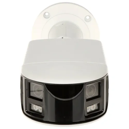 A sleek, modern security camera with dual lenses and integrated LED lights is mounted on a sturdy, adjustable bracket. The camera's design features a white and black color scheme, providing a professional and discreet appearance for surveillance needs.