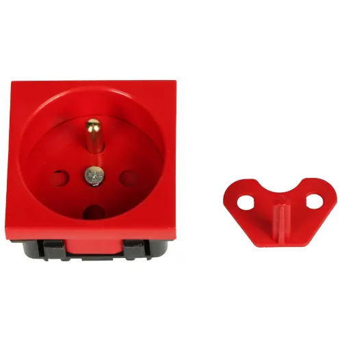 Red electrical socket with a grounding pin, designed for secure installation. Includes a matching red cover plate with two screw holes for easy attachment.