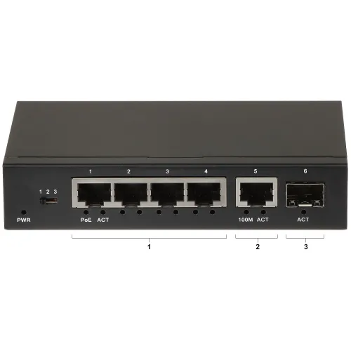 The image shows a black network switch with five Ethernet ports and one SFP port on the front panel. It features LED indicators for power, PoE, and activity status, providing connectivity and management for network devices.