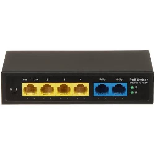 A black PoE switch featuring four yellow Ethernet ports and two blue uplink ports on the front panel. The device includes LED indicators for power and status monitoring.
