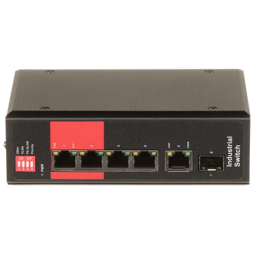 The image shows a black industrial network switch with five Ethernet ports and one fiber optic port on the front panel. It features a red section indicating power and priority settings, designed for robust connectivity in demanding environments.
