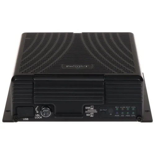 The image shows a black electronic device with a textured surface, featuring a USB port, SIM and SD card slots, and various indicator lights on the front panel. The device is designed for secure data management and connectivity, suitable for professional use.