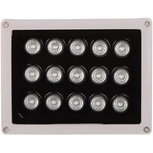 The image shows a rectangular LED light panel with 15 circular LED bulbs arranged in a 3x5 grid. The panel has a sleek, metallic frame with a black background highlighting the bulbs.