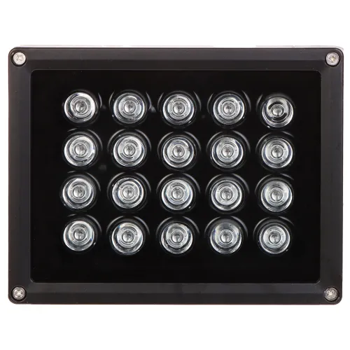 The image shows a rectangular LED infrared illuminator with a black frame and 18 circular LED lights arranged in a grid pattern. The device is designed for enhancing night vision capabilities in security cameras.