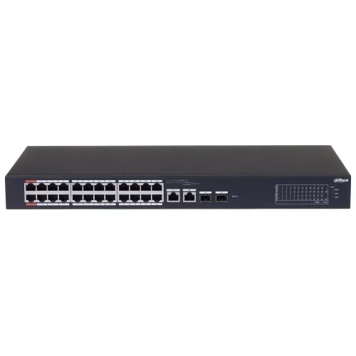 The image shows a Dahua network switch with 24 Ethernet ports and 2 SFP ports, designed for efficient data management and connectivity. The sleek black design features LED indicators for easy monitoring of network activity.
