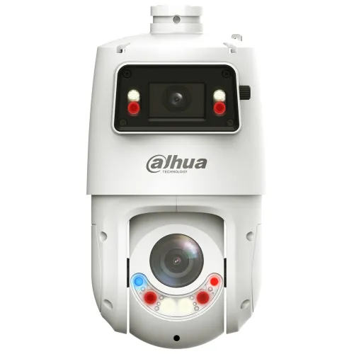Front view of a Dahua security camera featuring a sleek white design with multiple lenses and LED lights. The camera is equipped with advanced technology for enhanced surveillance capabilities.