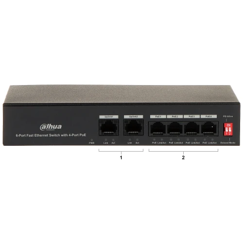Front view of a Dahua 6-port Fast Ethernet switch with 4 PoE ports, featuring labeled ports for easy connectivity. The device includes indicators for power, link activity, and PoE status, with a sleek black design.