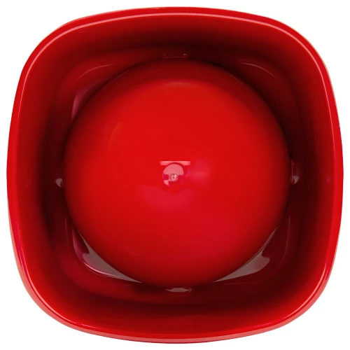 A vibrant red, square-shaped pet bowl with a smooth, glossy finish and rounded edges. The bowl features a central dome, designed to help regulate pet feeding and prevent overeating.