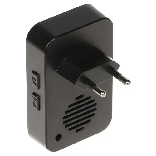 A black electronic device with a European plug and two side buttons, designed for wall mounting. The back features a speaker grille and a small indicator light.
