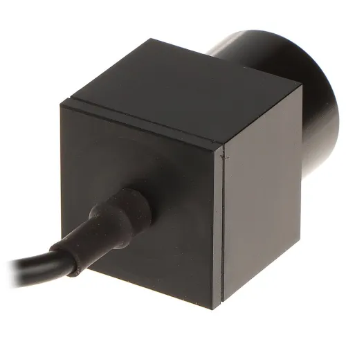 A black, cube-shaped electronic device with a cylindrical back and a cable extending from one side. The design is sleek and minimalistic, suitable for integration into various electronic systems.
