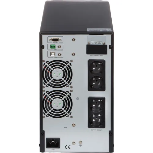 The image shows the rear view of a power supply unit featuring multiple output sockets, cooling fans, and various connection ports including RS232, USB, and an intelligent slot. The unit is designed for efficient power management and connectivity, suitable for use in professional or industrial settings.