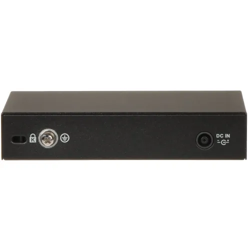 The image shows the back view of a compact black electronic device featuring a DC input and grounding connection. The sleek design is minimalistic, with clearly labeled ports for easy setup and use.