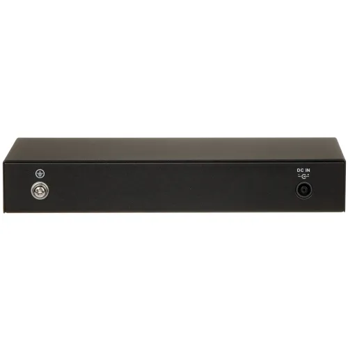 A sleek black electronic device with a minimalist design, featuring a power button and a DC input on the back panel. The compact unit is designed for efficient connectivity and easy integration into various setups.