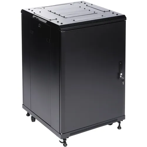 The image shows a black, wall-mounted server rack cabinet with a lockable front door and ventilation slots on the top and bottom. It features a sturdy metal construction with a sleek, modern design suitable for organizing network equipment.