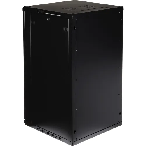 A black server rack cabinet with a sleek, minimalist design and a solid back panel. The cabinet features ventilation slots at the top and bottom for efficient airflow management.
