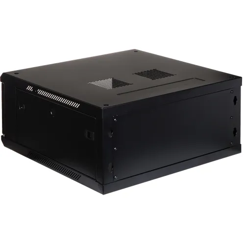 A black metal rackmount enclosure with ventilation slots on the top and sides, designed for housing electronic equipment. The unit features a sleek, durable construction suitable for professional audio-visual or IT setups.