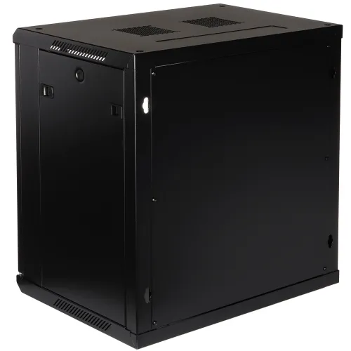 Black wall-mounted server rack with a sleek, sturdy design and ventilation panels on the top. The rear view shows secure mounting points and a durable metal construction.