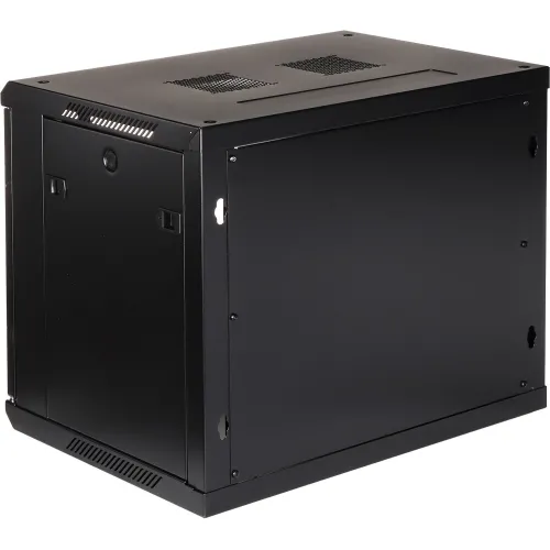 A black metal wall-mounted server rack cabinet with a vented top panel for optimal airflow. The cabinet features a lockable front door and side panels for secure equipment storage.