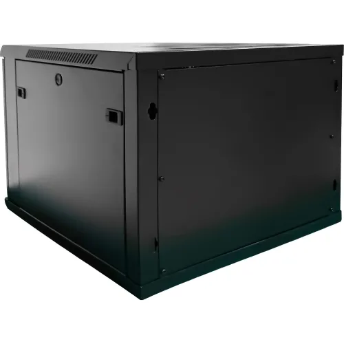A black, wall-mounted server rack cabinet with a vented top panel and secure locking mechanism. The cabinet features side panels with handles for easy access and installation.
