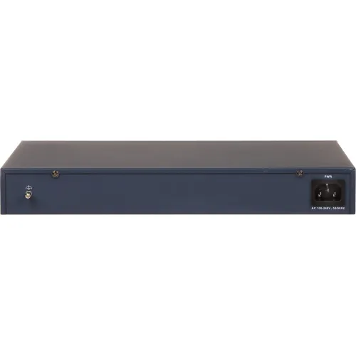 The image shows the rear view of a dark blue network switch with a power input on the right side. It features a simple design with a few screws and a grounding symbol on the left.