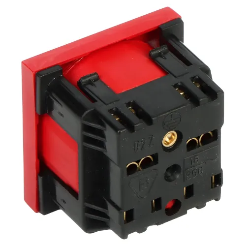 The image shows a red and black electrical switch with a rectangular design, featuring multiple connection points on the back. The switch is designed for easy installation and secure electrical connections.