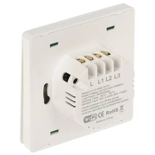 The image shows the back view of a white smart wall switch with multiple connection terminals labeled L, L1, L2, and L3. The switch features WiFi capability and is designed for easy installation with clear labeling for electrical connections.
