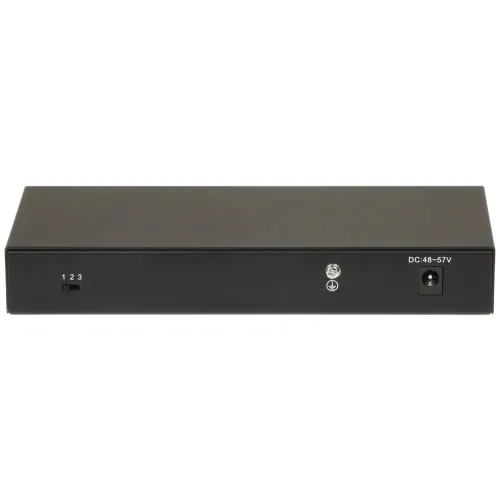 The image shows the rear view of a sleek, black electronic device featuring a power input labeled "DC: 48-57V" and a grounding point. It also has a small switch with numbers 1, 2, and 3 on the left side.