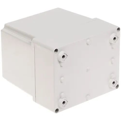 A gray, rectangular electrical junction box with a smooth finish and multiple mounting points on the back. The box is designed for secure wall installation and protection of electrical connections.