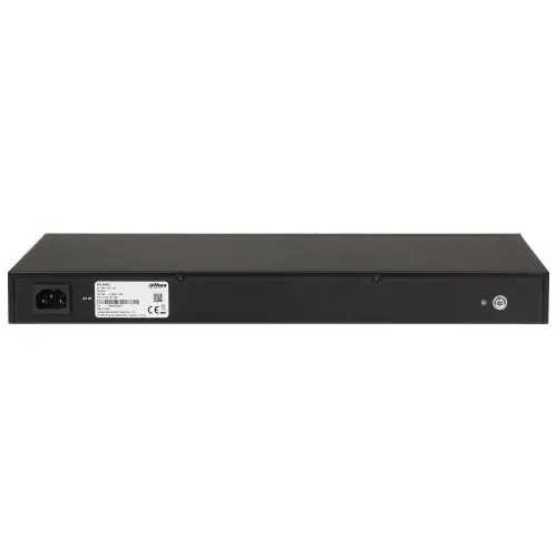 The image shows the rear view of a black electronic device with a power input on the left side and a lock mechanism on the right. It features a label with technical specifications and certifications in the center.