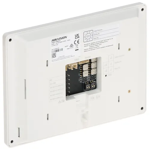 The image shows the back view of a Hikvision video intercom monitor, highlighting its connection ports and mounting features. The device has a sleek, rectangular design with visible labels and certification marks.