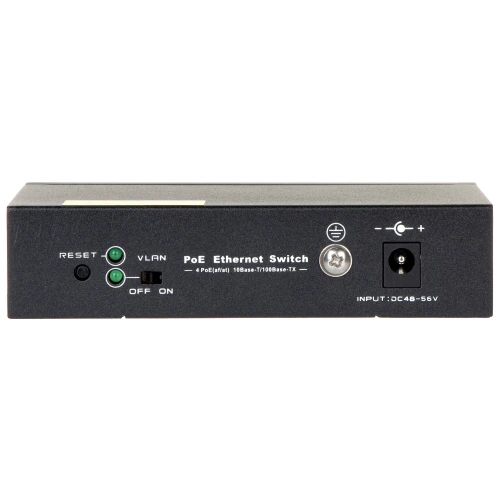 The image shows the back view of a PoE Ethernet switch featuring a reset button, VLAN toggle switch, and power input. It includes ports for Ethernet connections and is designed for efficient network management.